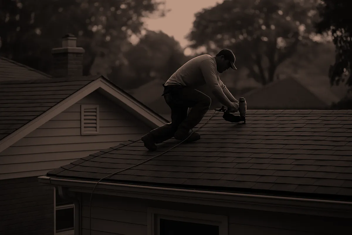 A roofing contractor working on a residential roof at golden hour