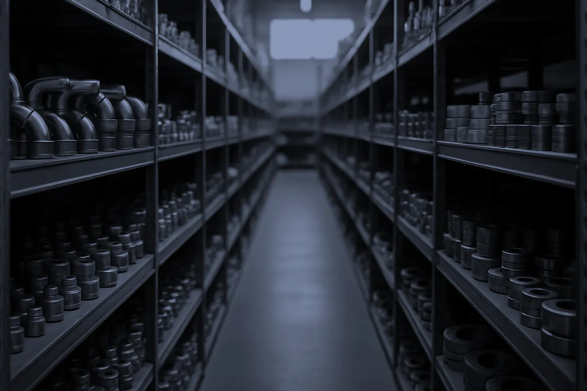 Aisle of an industrial parts warehouse, shelves of organized fittings and components