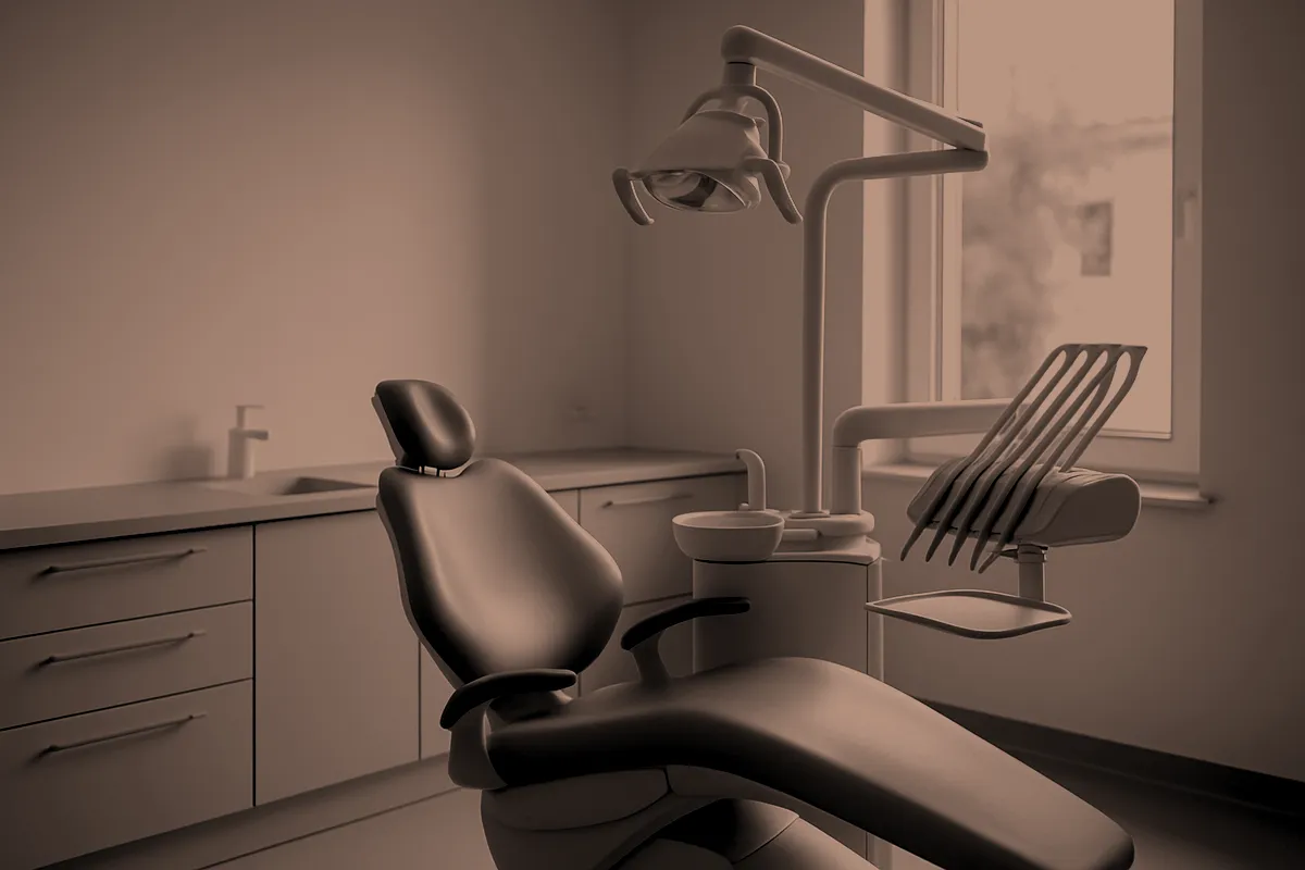 A clean, modern dental treatment room in soft daylight